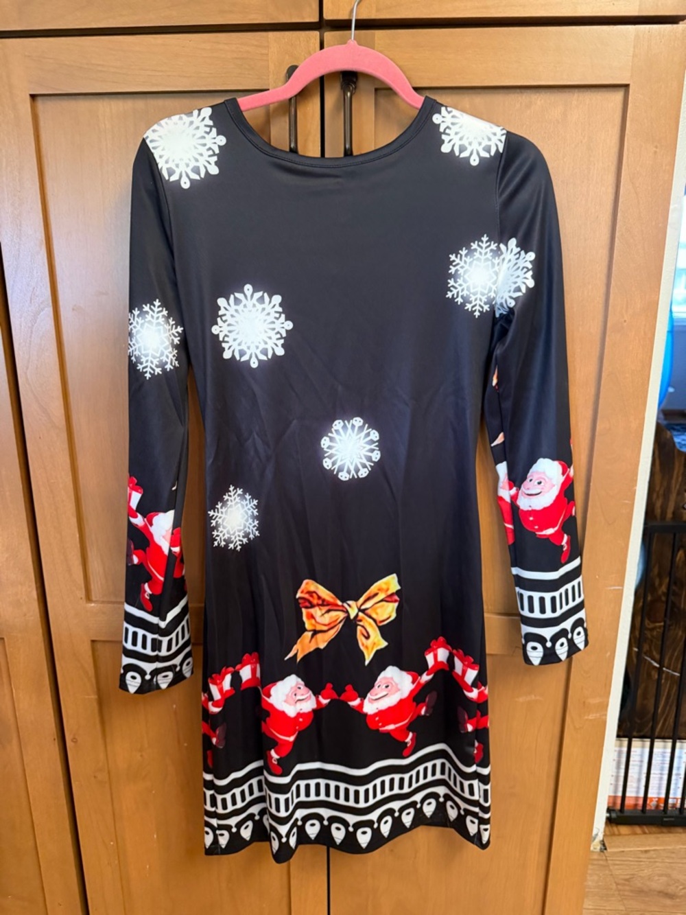 CBR Black Kids' Dress with Santa, White Snowflakes & Gold Bow